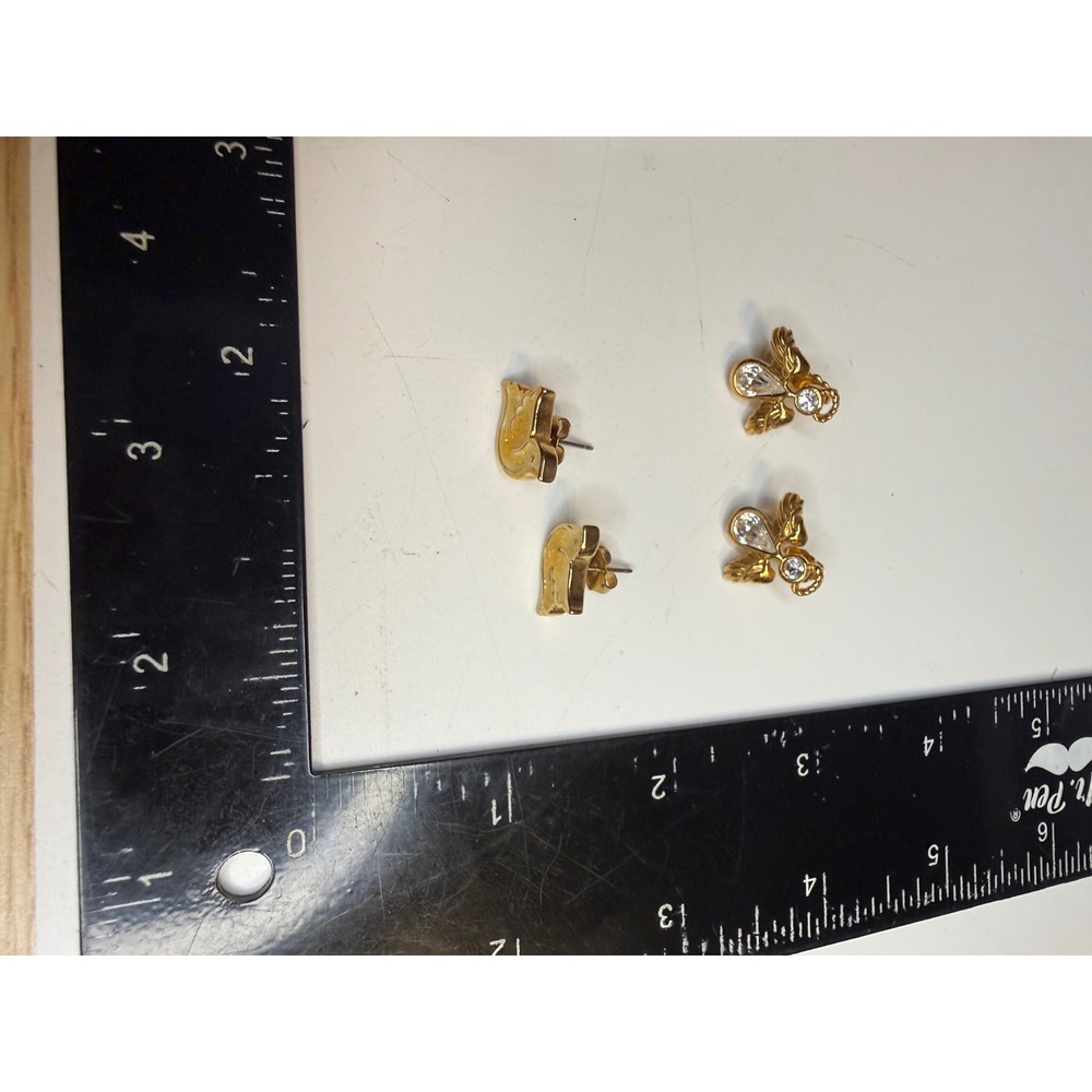Avon Gold Tone Angel Rhinestone and Butterfly Glitter Enamel Stud Earring Set
